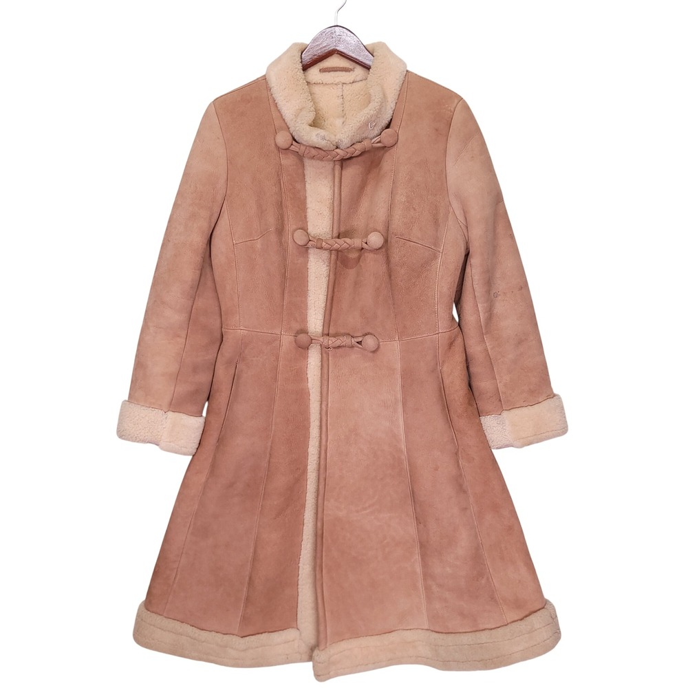 Vintage Golden Design Ashley Shearling Coat Penny Lane Tan Suede Toggle Size 12